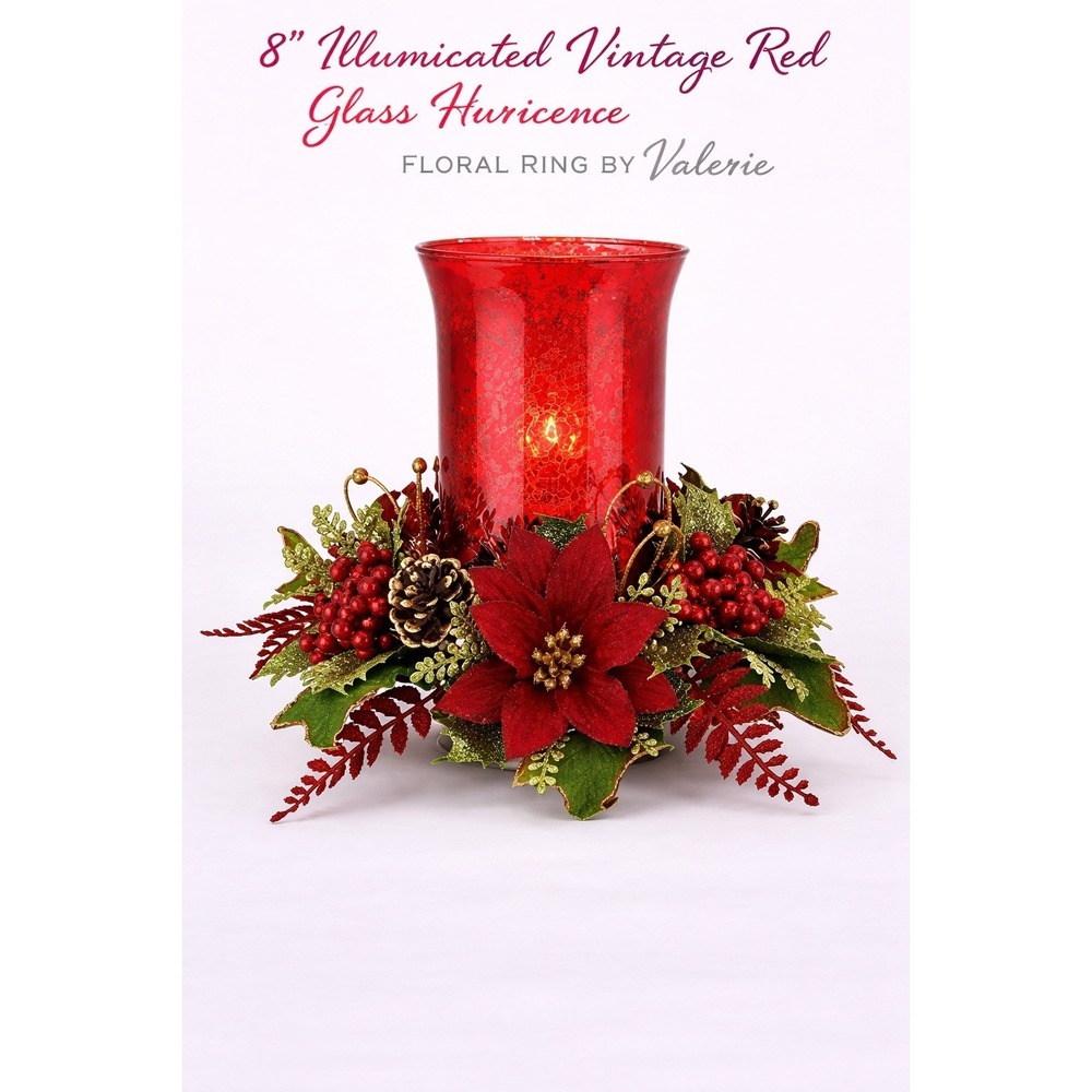 Valerie Parr Hill 8" Illuminated Red Glass Hurricane Floral‎ Ring H211470 NWT